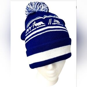 Blue And White Striped Pom Pom Knit Hat